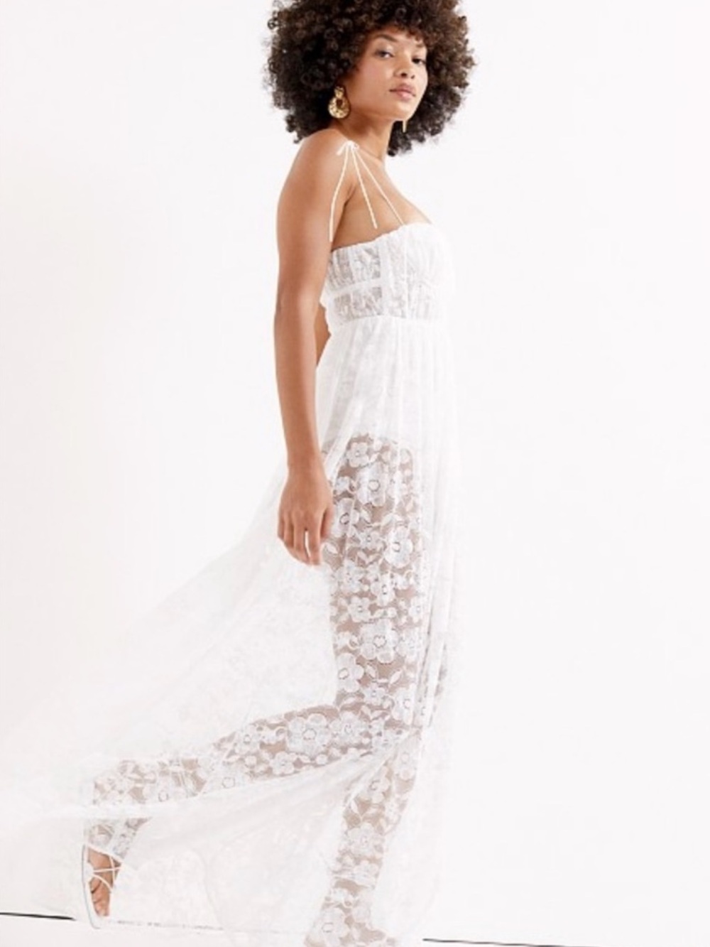 For Love & Lemons White Lace Maxi Slip Dress with Sheer Floral Skirt - Picture 7 of 14